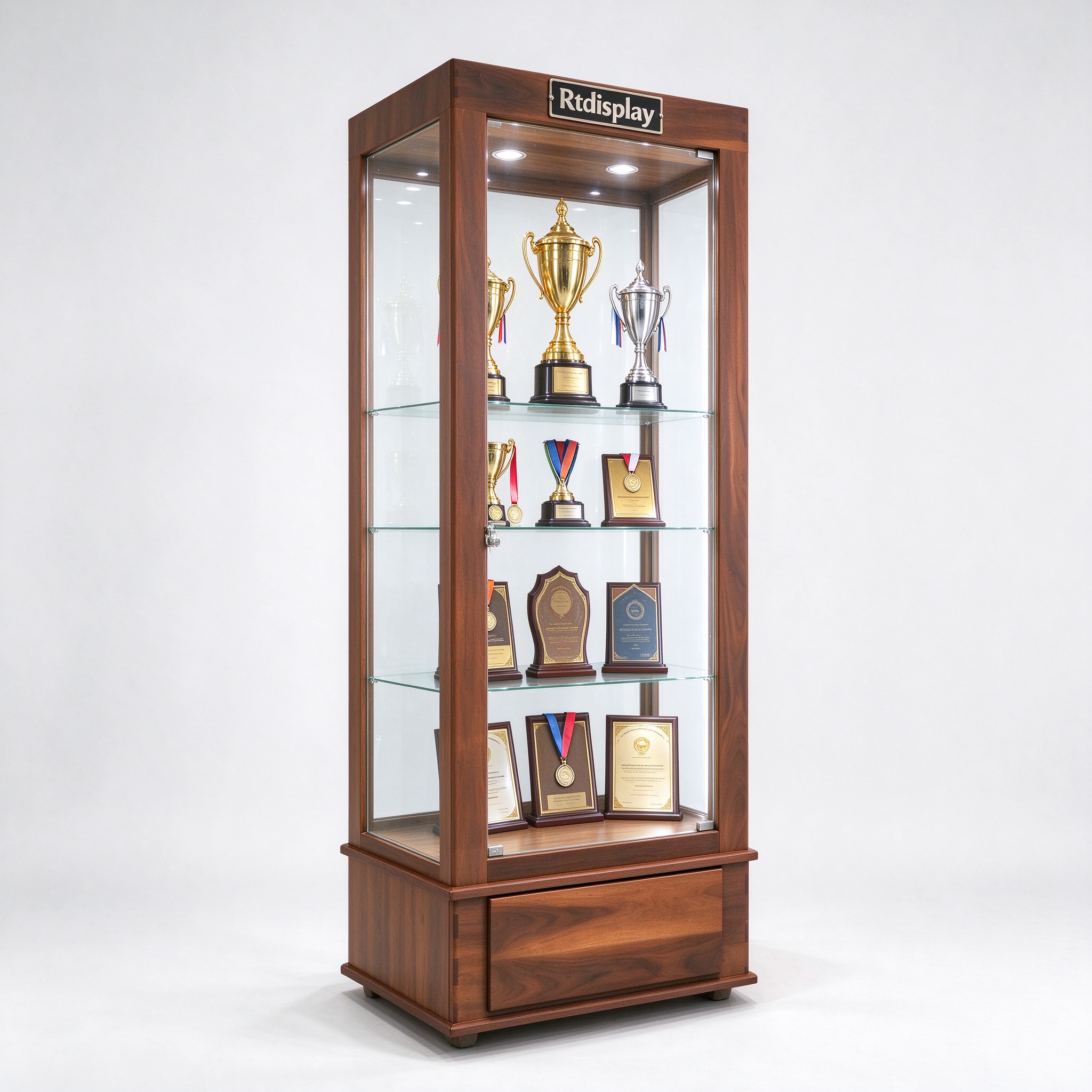 Dark brown wooden trophy display cabinet with glass shelves, left 45 degree view