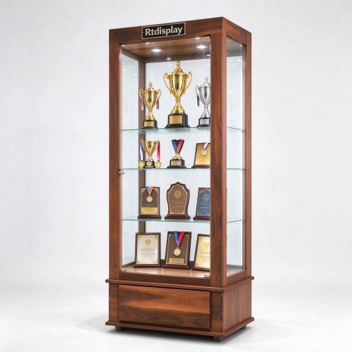 Dark brown wooden trophy display cabinet with glass shelves, right 45 degree view