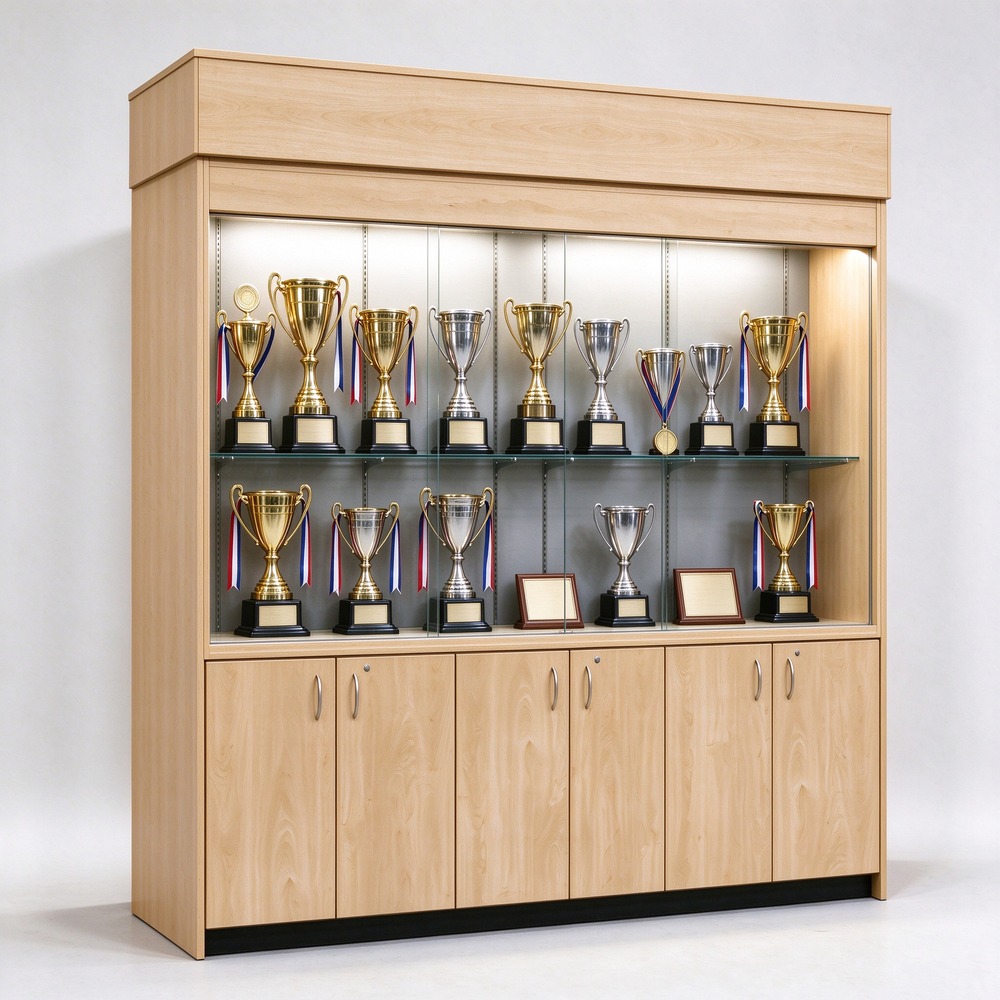 Light wood trophy display cabinet for school and office, left 45 degree view, wood top