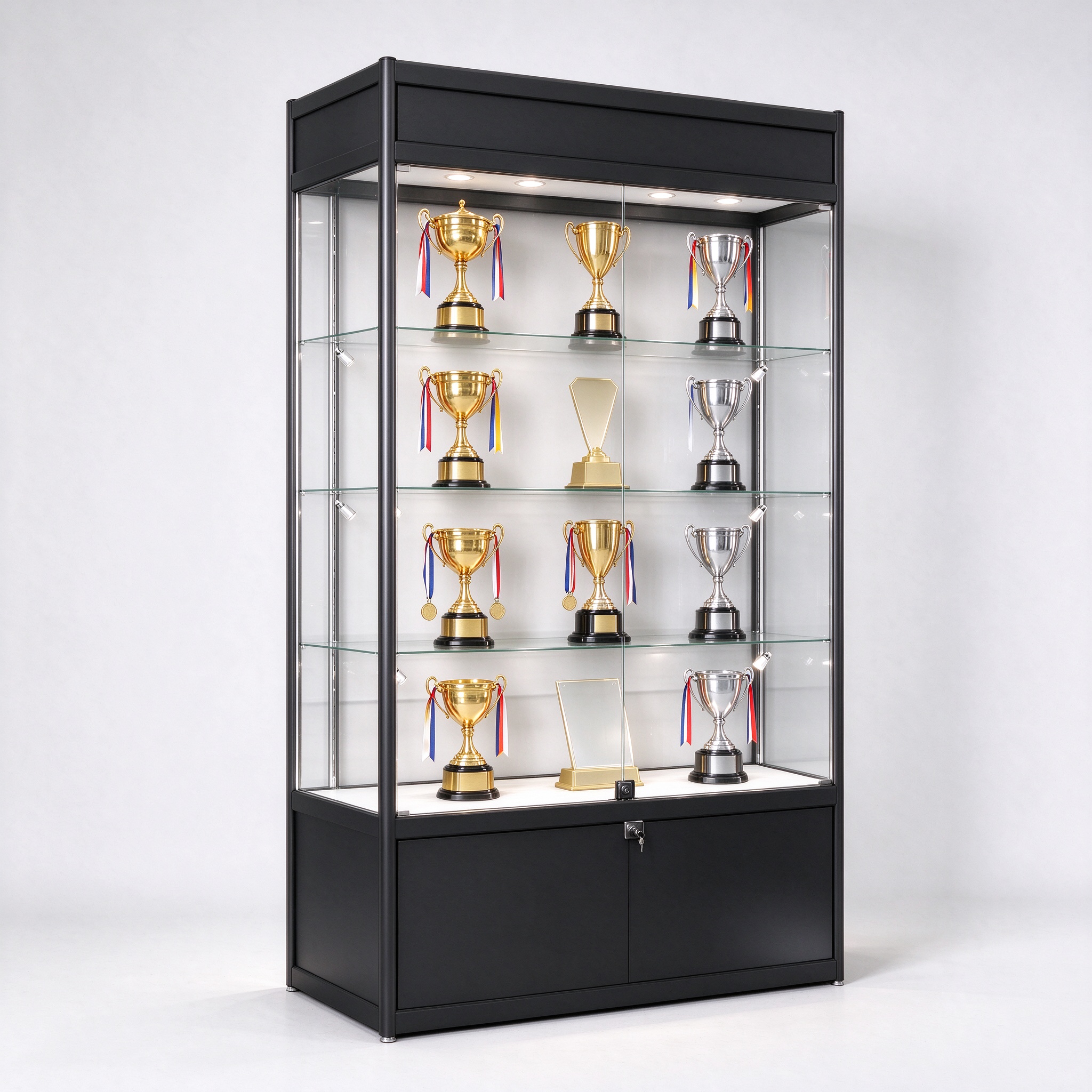 Black frame glass trophy display cabinet for office and school, left 45 degree view