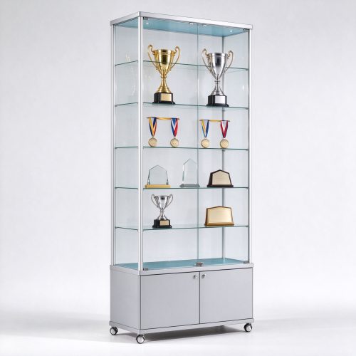 Silver frame glass trophy display cabinet with rolling base, left 45 degree view