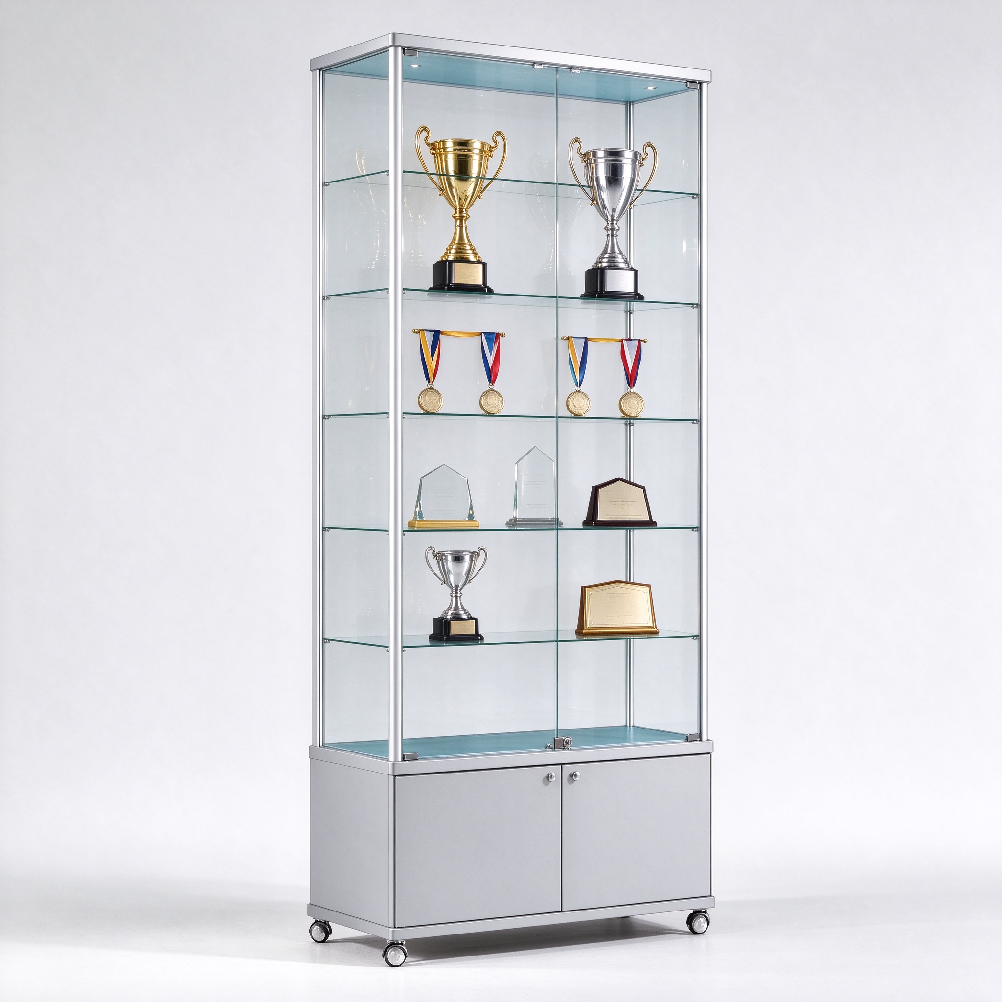 Silver frame glass trophy display cabinet with rolling base, left 45 degree view