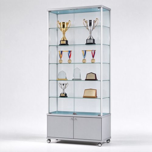 Silver frame glass trophy display cabinet with rolling base, right 45 degree view