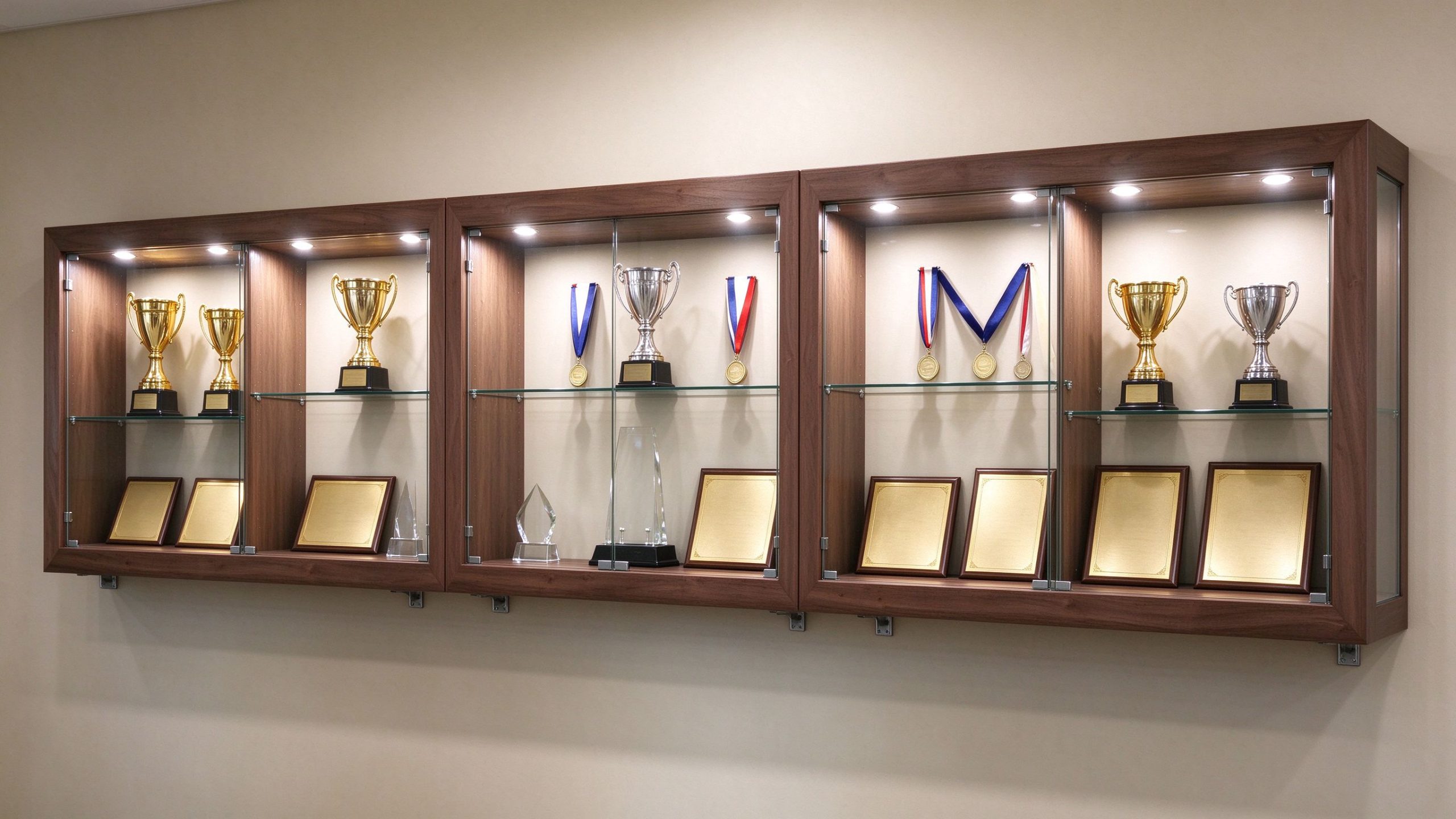 Long wall mounted wooden trophy display case system with glass shelves, left 45 degree view