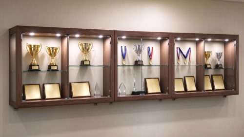 Long wall mounted wooden trophy display case system with glass shelves, right 45 degree view