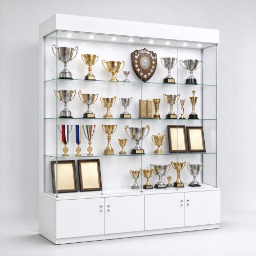 White trophy display cabinet with glass shelves, left 45 degree view