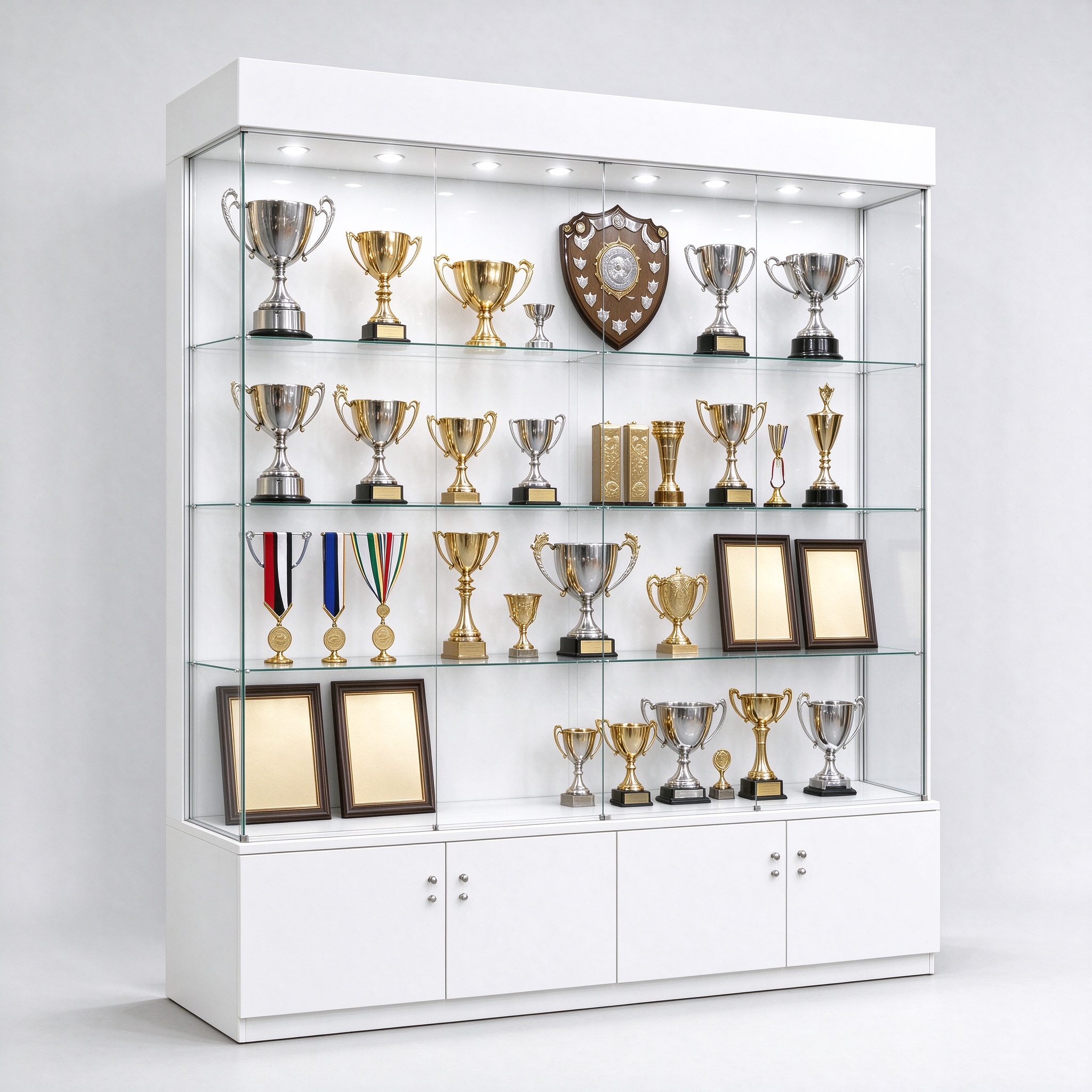 White trophy display cabinet with glass shelves, left 45 degree view