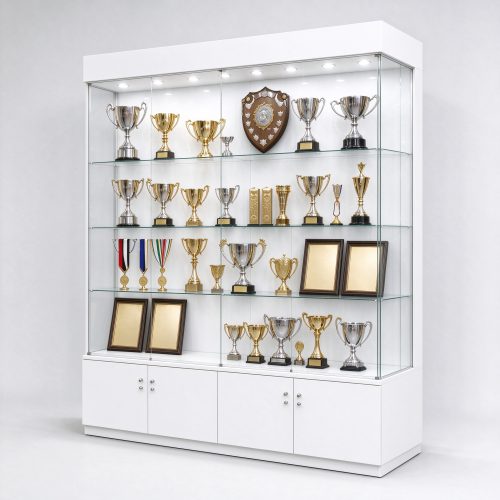 White trophy display cabinet with glass shelves, right 45 degree view