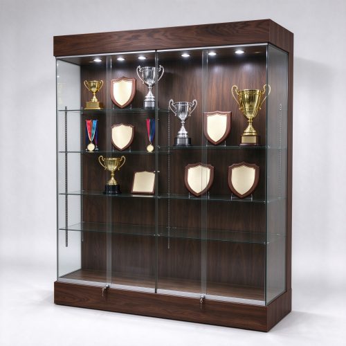 Walnut wood trophy display cabinet with glass shelves, right 45 degree view