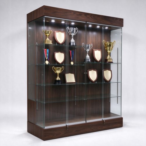 Walnut wood trophy display cabinet with glass shelves, left 45 degree view, glass side panel