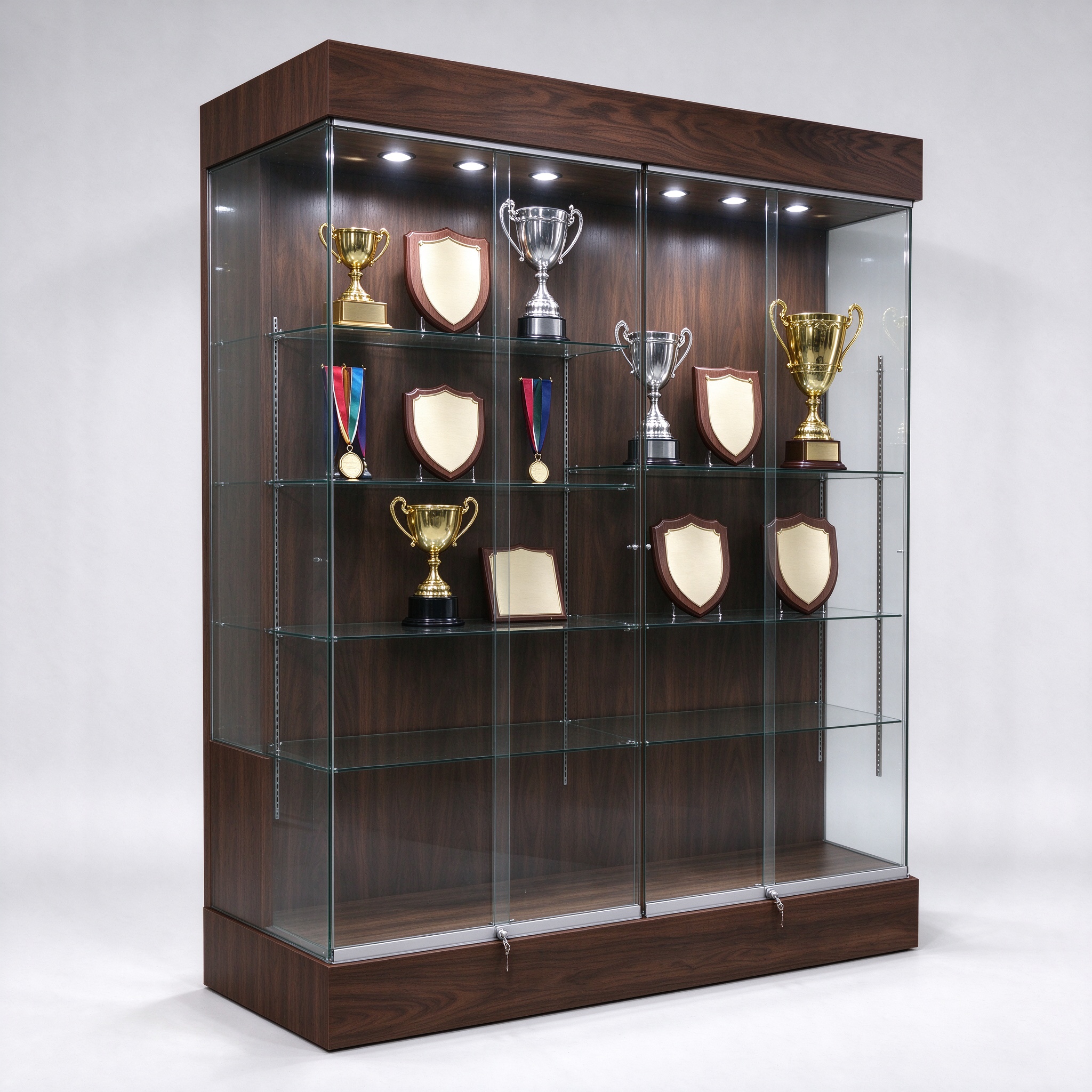 Walnut wood trophy display cabinet with glass shelves, left 45 degree view, glass side panel