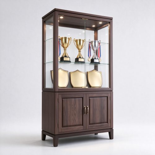 Wooden trophy display cabinet with glass display area, left 45 degree view