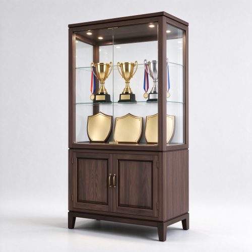 Wooden trophy display cabinet with glass display area, right 45 degree view