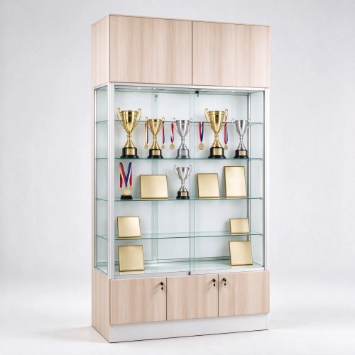 White oak trophy display cabinet with glass shelves, left 45 degree view, all glass enclosure