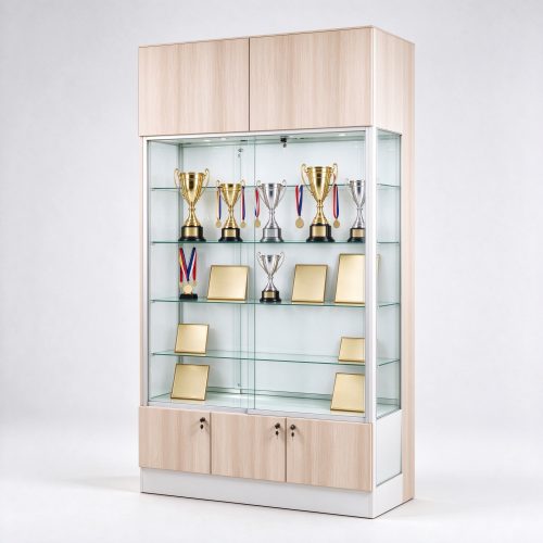 White oak trophy display cabinet with glass shelves, right 45 degree view, all glass enclosure