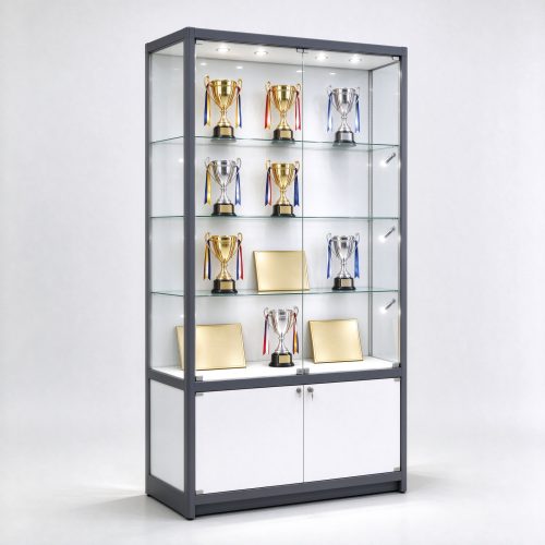 Dark gray metal frame trophy display cabinet with glass shelves, left 45 degree view