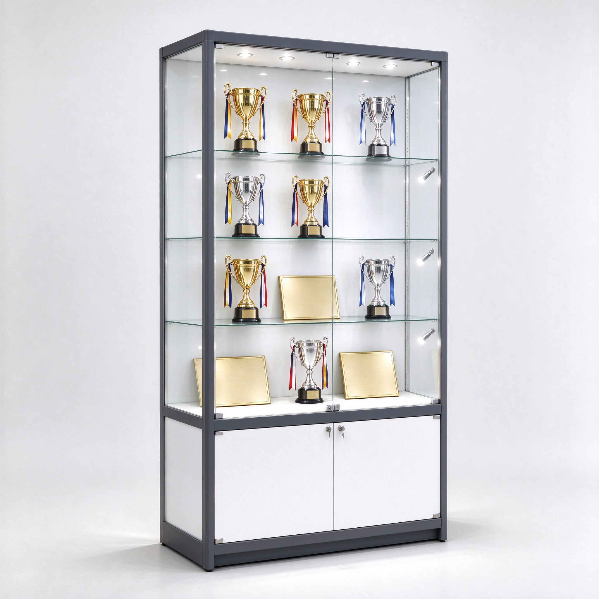 Dark gray metal frame trophy display cabinet with glass shelves, left 45 degree view