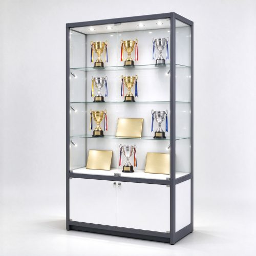 Dark gray metal frame trophy display cabinet with glass shelves, right 45 degree view