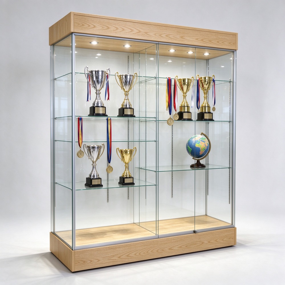 Oak wood trophy display cabinet for school, left 45 degree view