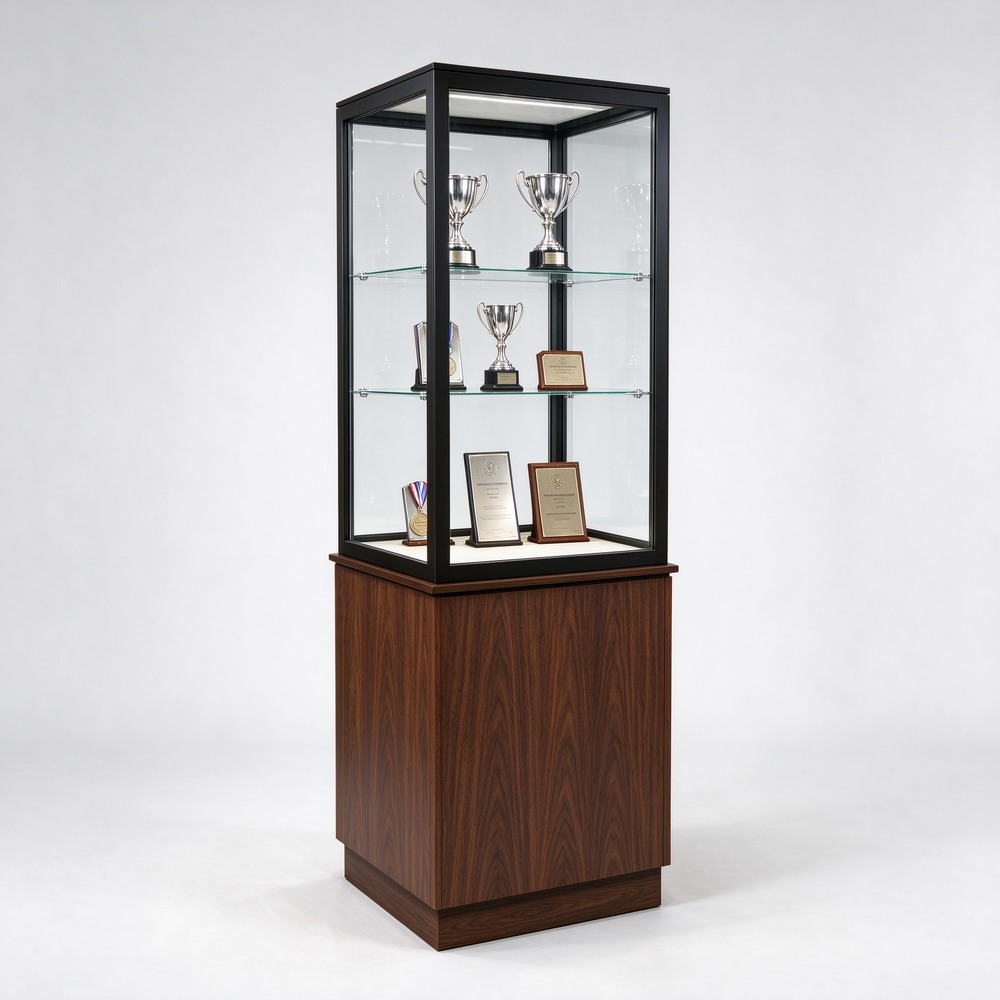 Walnut wood pedestal trophy display case for office and lobby, left 45 degree view