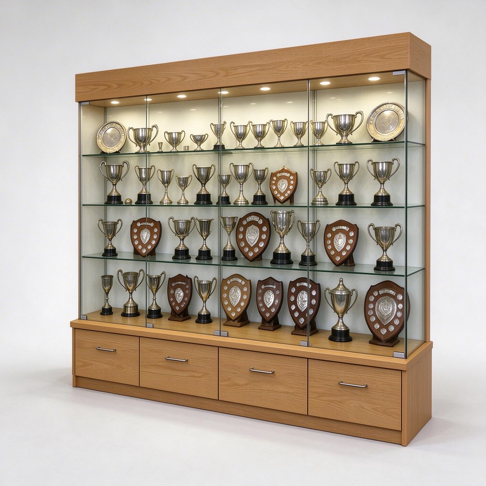 Wooden trophy display cabinet for school and office, left 45 degree view