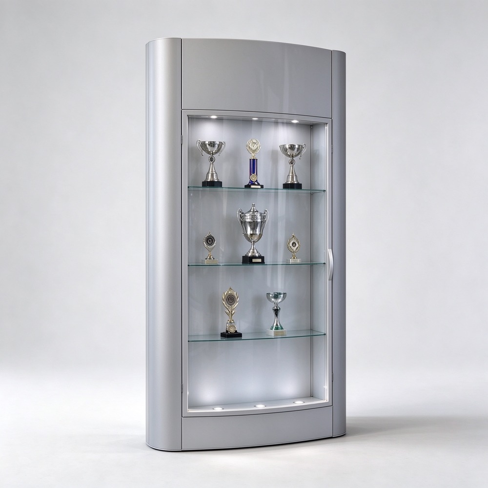 Curved front trophy display cabinet for university and college, left 45 degree view