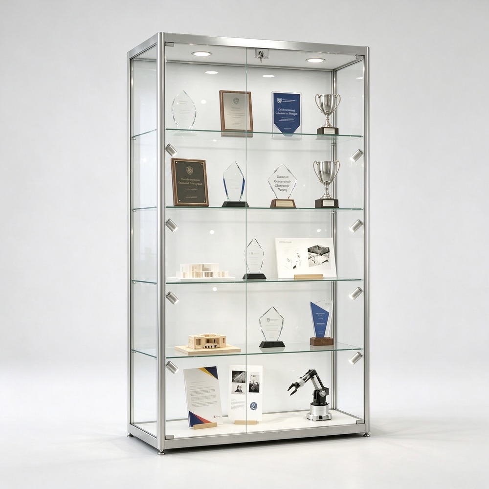 Metal frame trophy display cabinet for university and campus, left 45 degree view