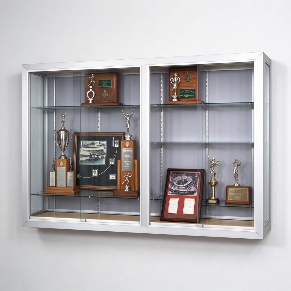 Wall mounted trophy display cabinet for office and school, left 45 degree view