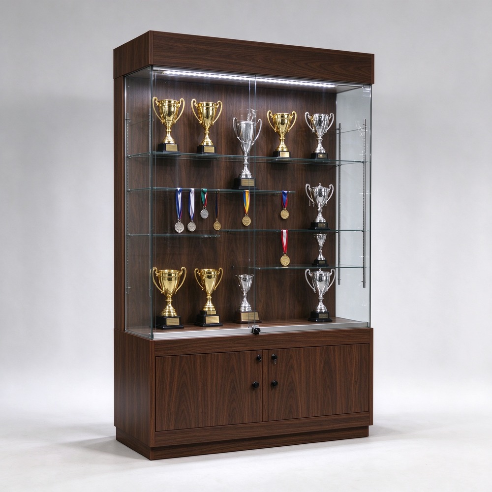 Walnut wood trophy display cabinet for office and school, left 45 degree view