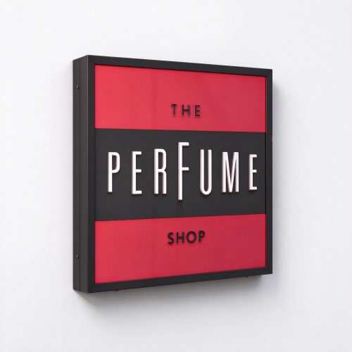 Red and black projecting wall sign with white 3D letters, left 45 degree product view