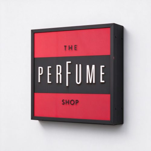 Red and black projecting wall sign with white 3D letters, right 45 degree product view