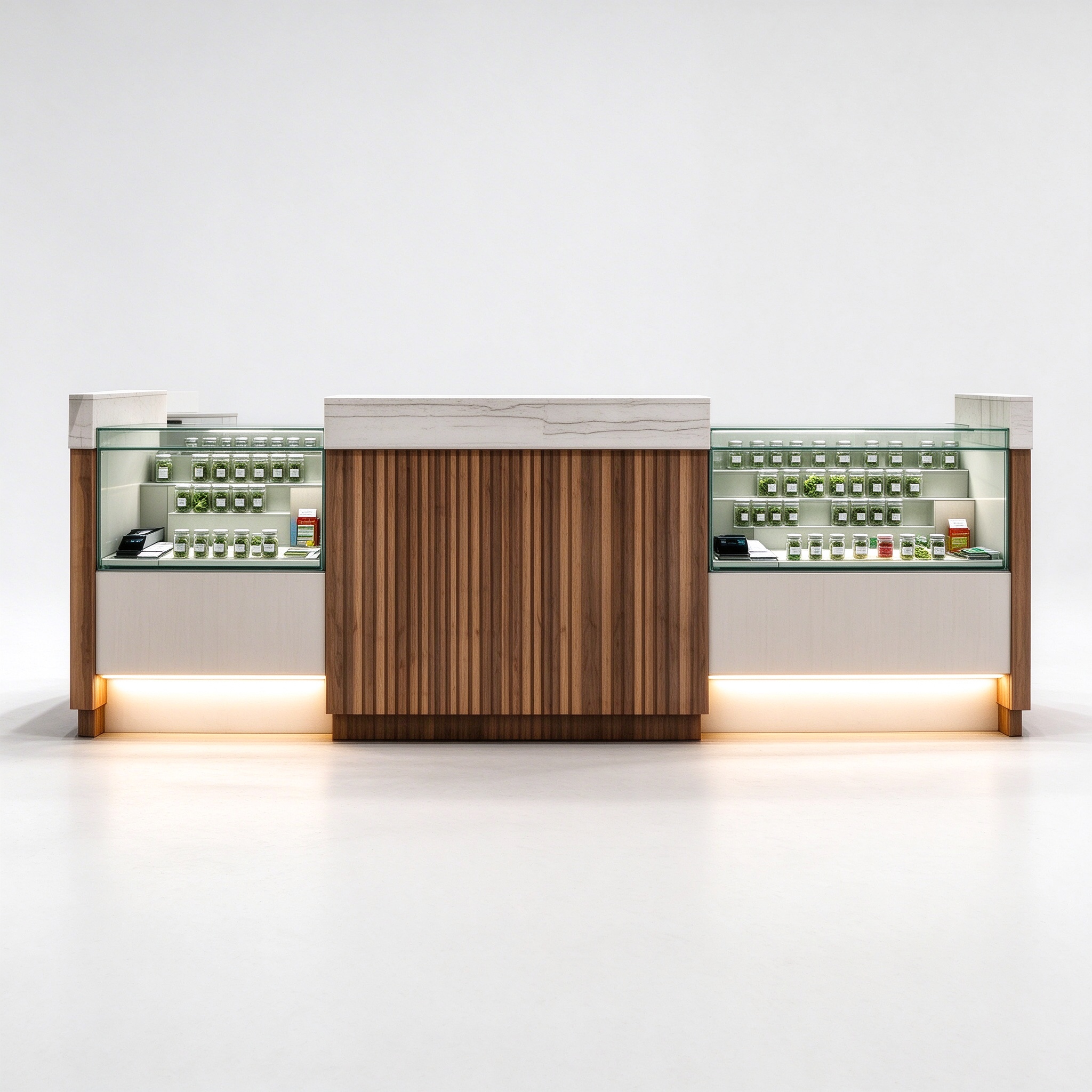 Straight wood slat cannabis display counter left 45