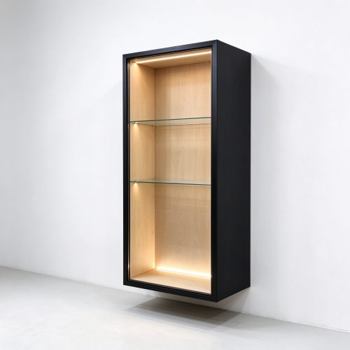 Wall mounted wooden display cabinet left 45 degree view