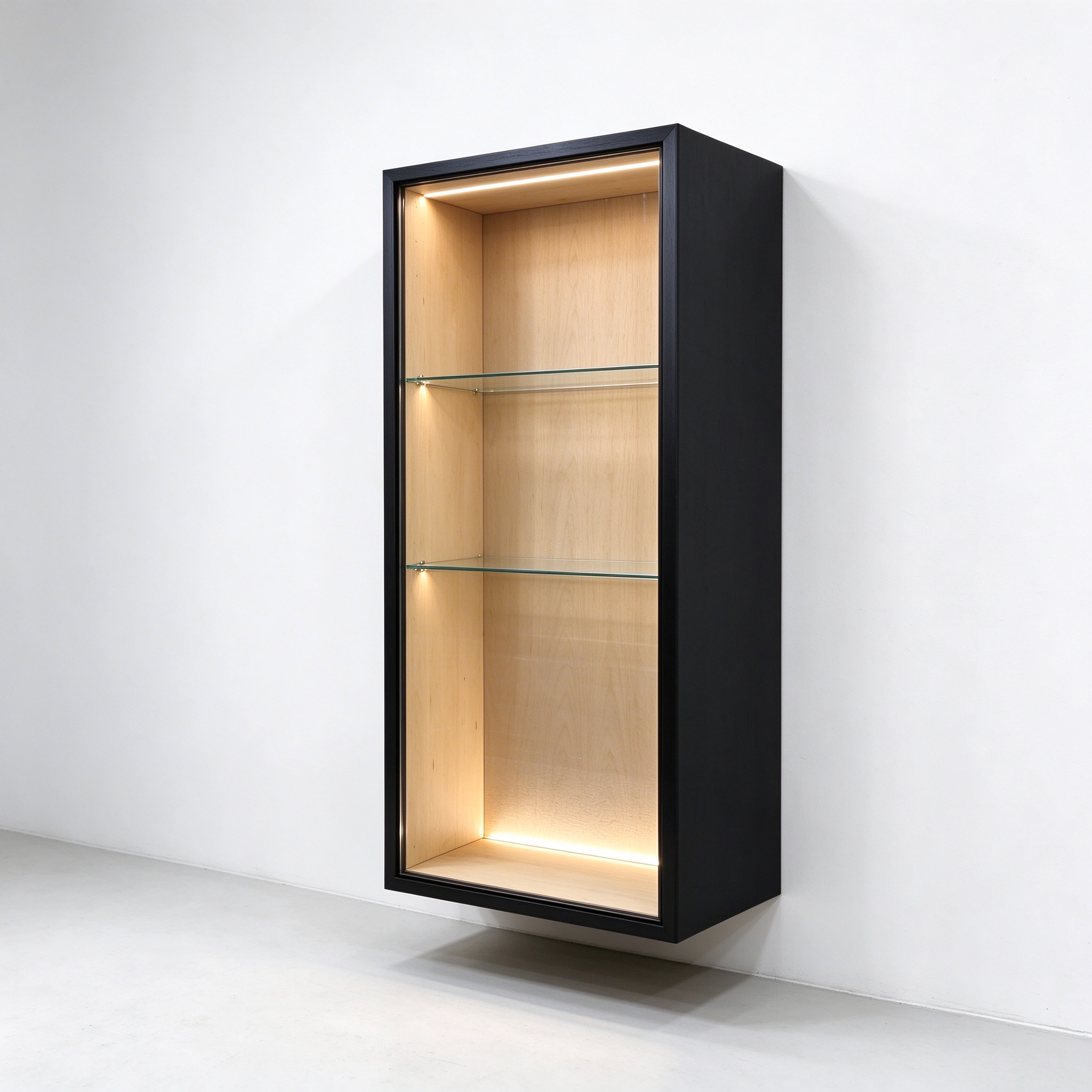 Wall mounted wooden display cabinet left 45 degree view