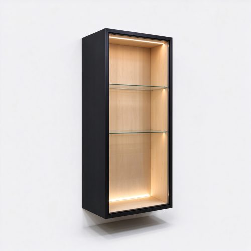 Wall mounted wooden display cabinet right 45 degree view