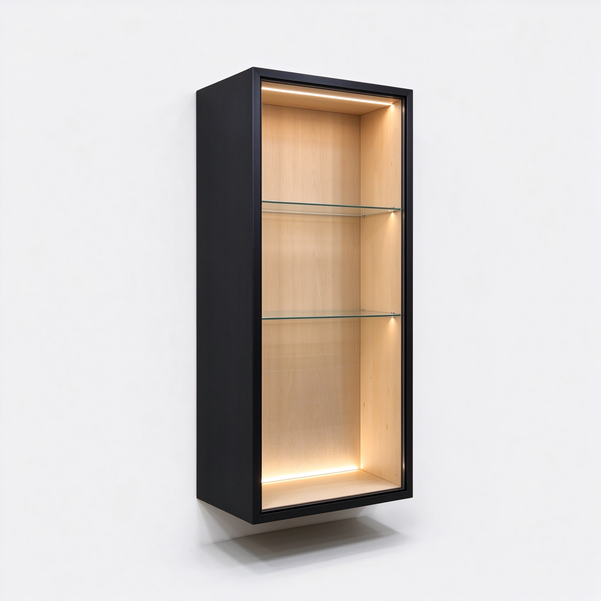 Wall mounted wooden display cabinet right 45 degree view