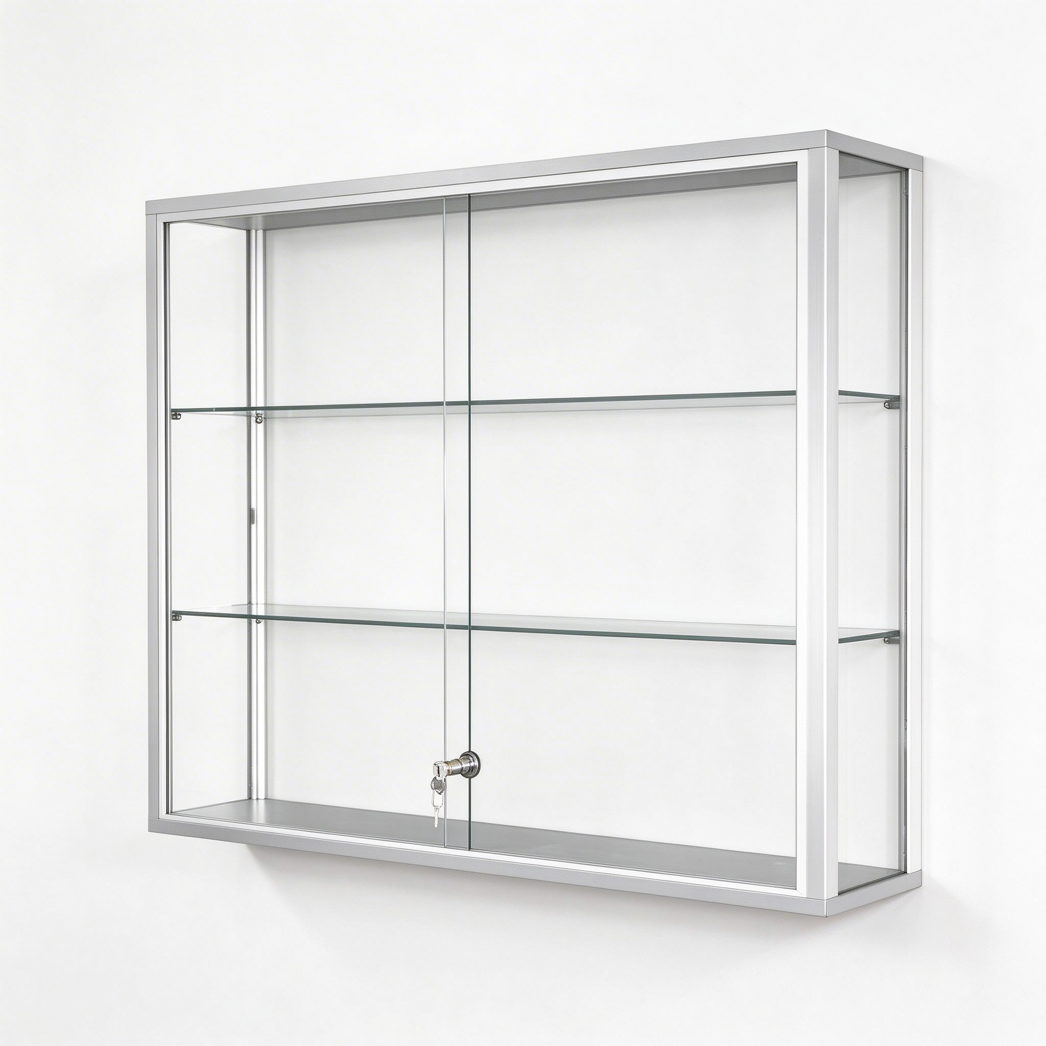 Wall mounted glass display cabinet silver frame angle view