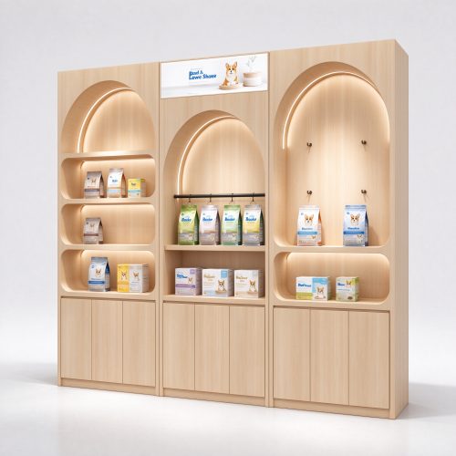 Arched top wood wall shelving unit left angle view