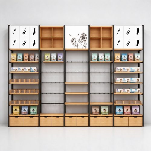 Multi-bay metal wood display unit front view