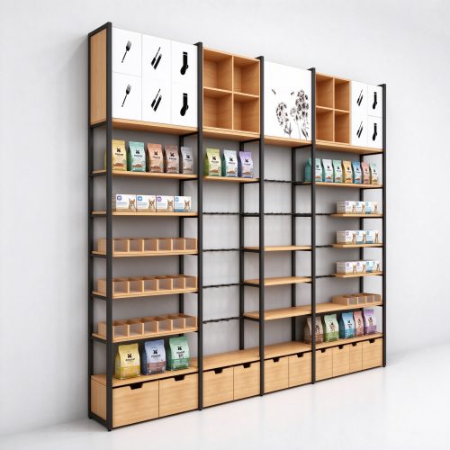 Industrial black frame wood wall shelving left angle view
