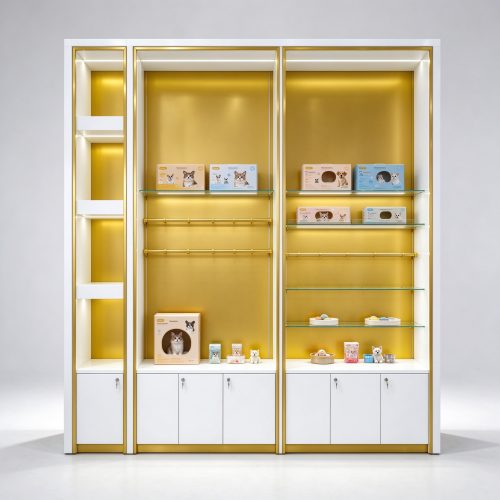 Gold trim glass shelf cabinet front view