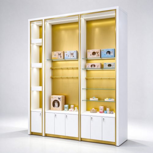 Illuminated glass-front wall display cabinet left angle view