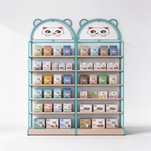 Two bay cat themed display shelves front view