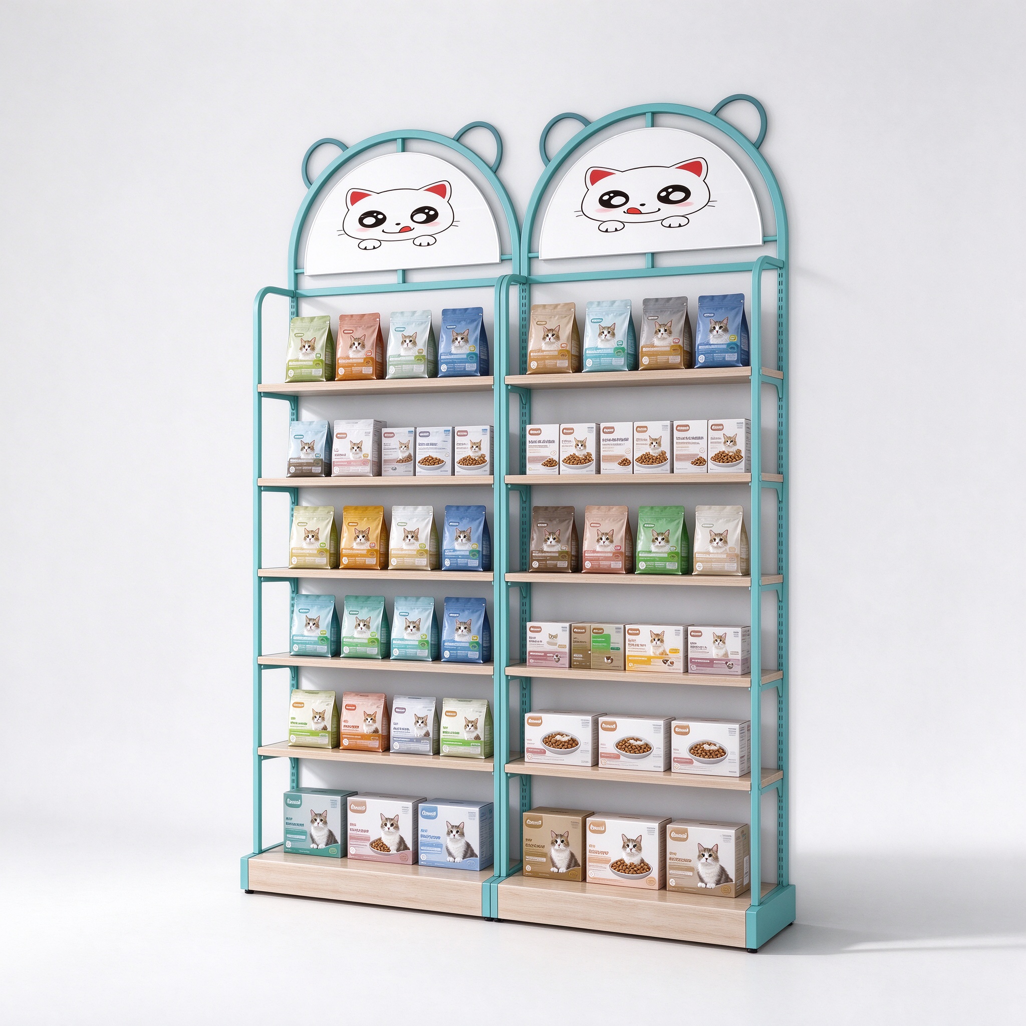 Cat-face topper metal wall shelving left angle view