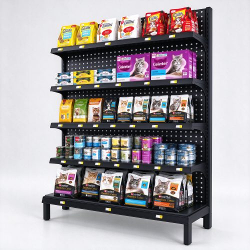 Pegboard back five shelf metal wall unit left angle view