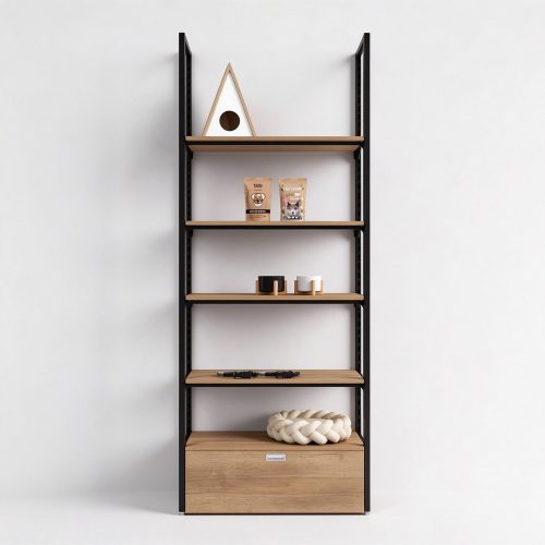 Five shelf metal wood display unit front view