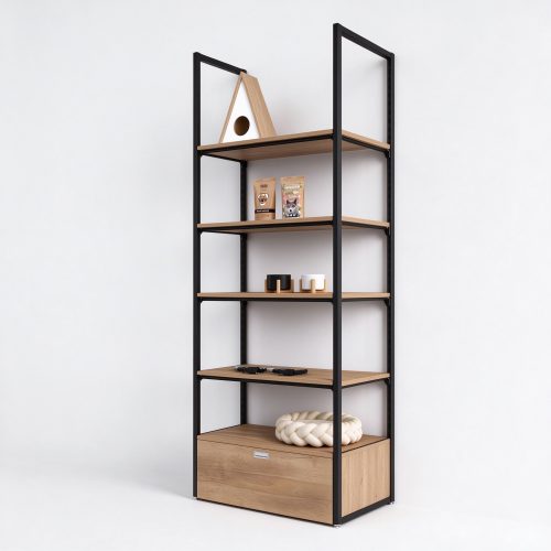 Minimalist slim frame wood wall shelf left angle view