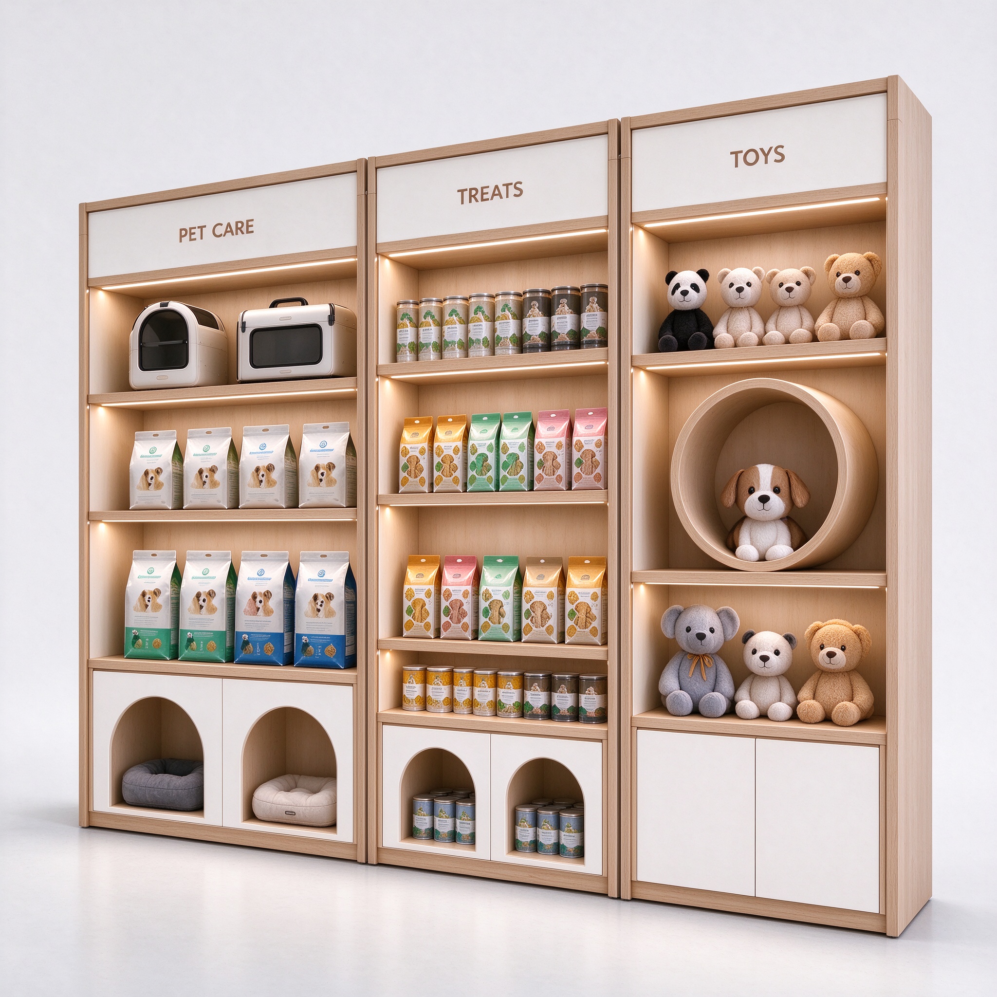 3-unit wood wall display system left angle view