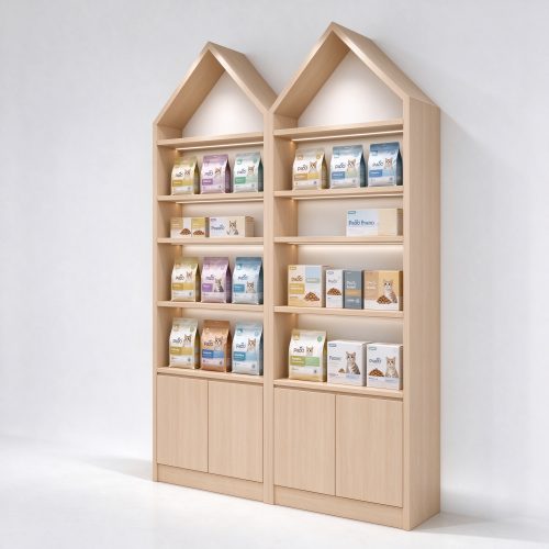 House shaped gable top wood wall shelf left angle view