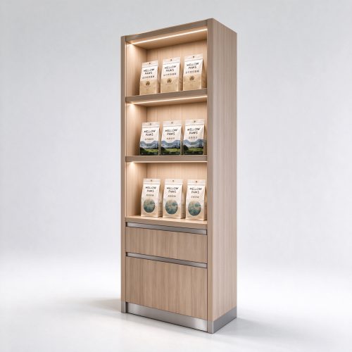 Narrow LED lit wood wall display cabinet left angle view
